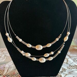 ✨Napier Signed 3-Strand Pearl Illusion Necklace | Silver Tone Choker 90s/Y2K